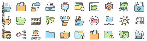 Collection of colorful icons representing various office supplies and technology on a clean background from a straightforward viewpoint