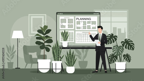 Business Planning Presentation with Man and Plants in Office.