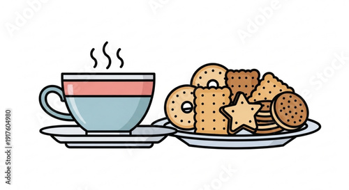 Steaming cup of coffee with a plate of assorted sweet cookies on a saucer perfect for breakfast or snack time