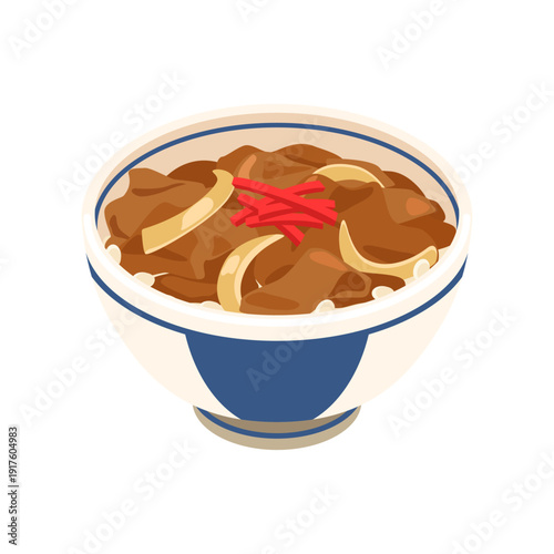 Gyudon beef rice bowl - flat vector illustration, Japanese food icon