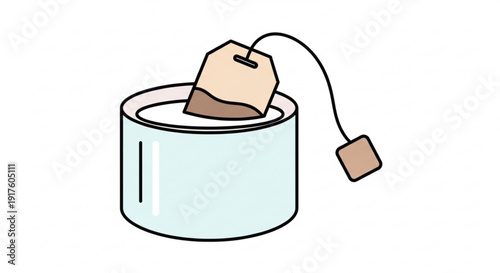 Tea bag steeping in a light blue mug on a white background with a string and tag
