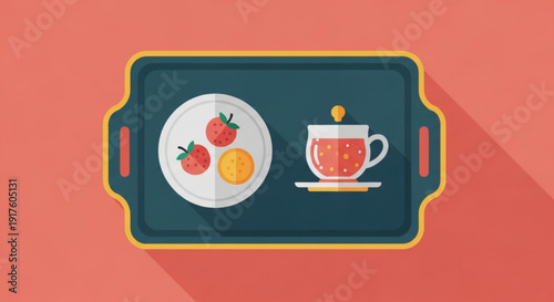 Breakfast tray with fresh fruit plate and steaming cup of tea on saucer served on a dark green tray with yellow trim against a warm orange background