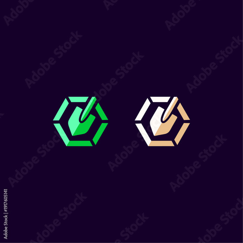 Bold hexagon badge logo featuring a shovel symbol, representing mining industry, labor union, game guild, and AI data digging solutions for strong professional brand identity