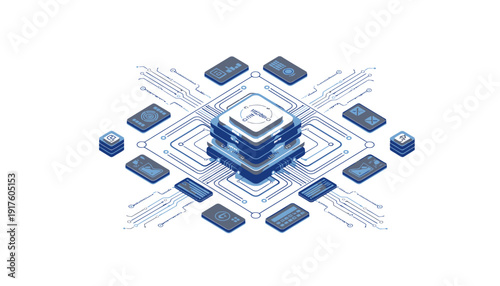 Central Processing Unit CPU surrounded by multiple microchips on a circuit board.