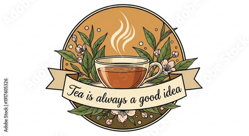 Steaming cup of tea with leaves and flowers on a banner with the phrase 'tea is always a good idea' on a warm orange background
