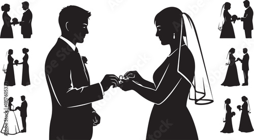Silhouette of a wedding couple exchanging vows and rings