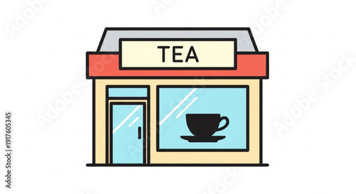 Colorful tea shop storefront with cup and saucer in window modern flat design