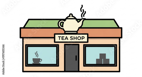 Quaint tea shop with steaming teapot and cup inviting atmosphere warm lighting colorful illustration