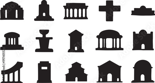Collection of various architectural building silhouettes and monuments icons