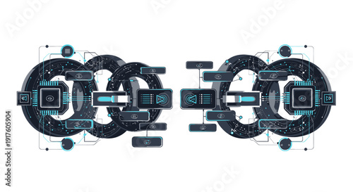 Futuristic mechanical chain links with glowing blue accents and digital elements.