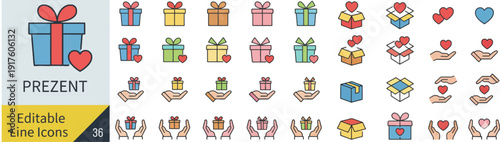 Colorful collection of line icons featuring gift boxes, hearts, and hands, symbolizing giving, receiving, love, generosity, and celebration for holidays, special occasions, and appreciation