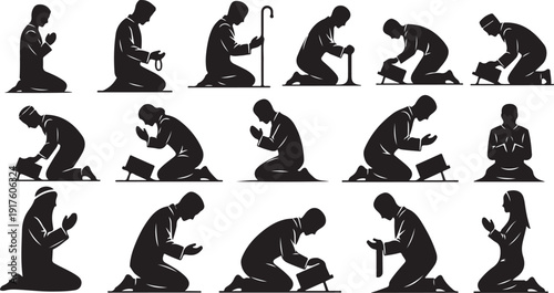 Man in various prayer and worship poses silhouettes set
