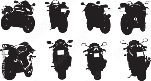 Set of motorcycle silhouettes in various positions and angles