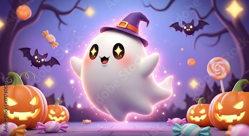 Cute Ghost in Witch Hat on Halloween Night