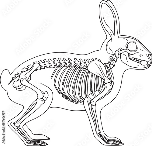 Line art illustration of a rabbit skeleton, showcasing bones and anatomy in a clean, scientific style on a white background. , Generative Ai