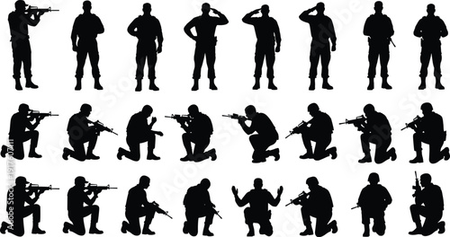 Military Soldiers Silhouettes Vector Set Featuring Army Personnel in Standing, Saluting, Kneeling, and Combat Tactical Poses for Patriotic War and Defense Themed Graphic Design Projects