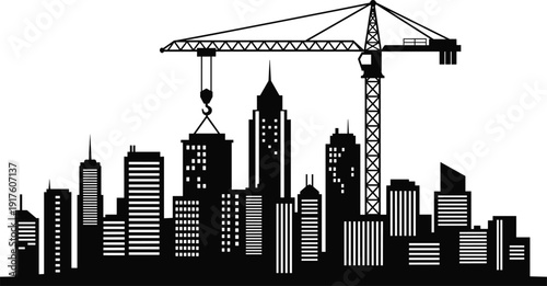 Modern city skyline silhouette with construction crane lifting building material over urban skyscrapers during architectural development for metropolitan growth and industrial engineering project.