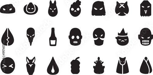 Halloween icons and symbols in black and white color