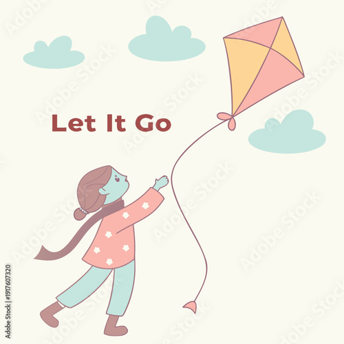 flying a kite shaped like their worries drifting away into the sky, soft colorful cartoon style, airy background, include text ‘LET IT GO