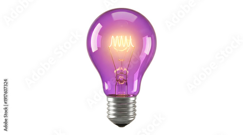 A glowing purple light bulb on transparent background, symbolizing creativity and innovation in a modern setting with bright idea