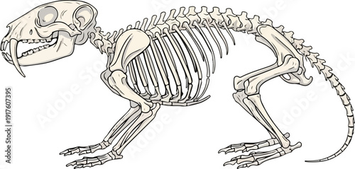Detailed illustration of a beaver skeleton, showcasing its powerful jaw and skeletal structure in a scientific, pale beige color. , Generative Ai