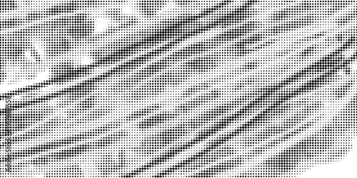 Aged halftone noise gradient texture. Grunge dirty speckles and spots background. White and black faded sand grain wallpaper. Retro pixelated comic horizontal backdrop. Vector gritty pop art