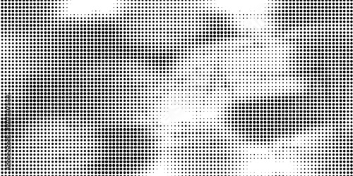 Aged halftone noise gradient texture. Grunge dirty speckles and spots background. White and black faded sand grain wallpaper. Retro pixelated comic horizontal backdrop. Vector gritty pop art