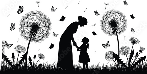 Mother and Daughter Silhouettes Vector in Dandelion Meadow with Flying Butterflies and Seeds Representing Family Love Nature Outdoors Childhood Memories and Parental Care