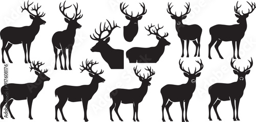 Collection of deer silhouettes in various poses and angles
