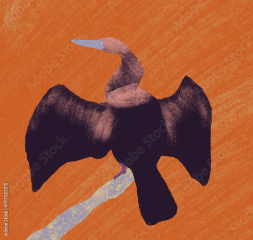 Ilustração flat de biguatinga brasileira tropical no fundo laranja - Feito a Mão