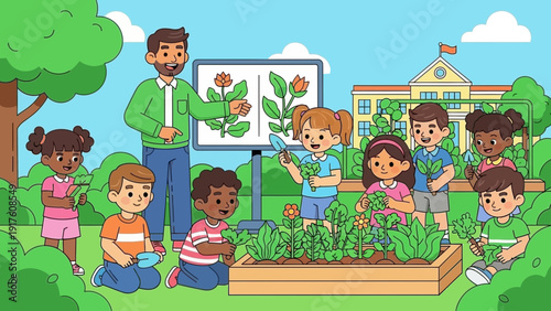Enthusiastic Teacher Guiding Students in School Garden Learning.