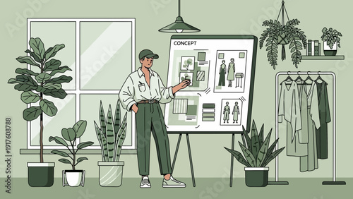 Fashion Designer Presenting Concept Board in Studio Surrounded by Plants.