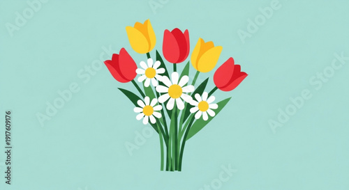 Vibrant bouquet of red and yellow tulips with white daisies on a soft green background floral arrangement for spring and summer
