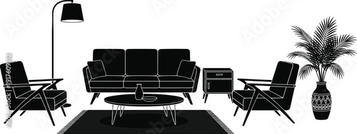 Professional black vector silhouette set featuring modern living room furniture including a comfortable three-seater sofa, stylish armchairs, coffee table, rug, and decorative floor lamp.