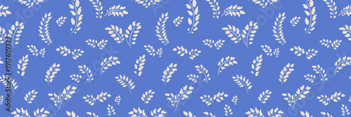 Seamless minimal vector pattern with white leafy branches scattered across a vibrant blue background. Clean flat botanical design, modern, airy, perfect for textile, wallpaper, and prints
