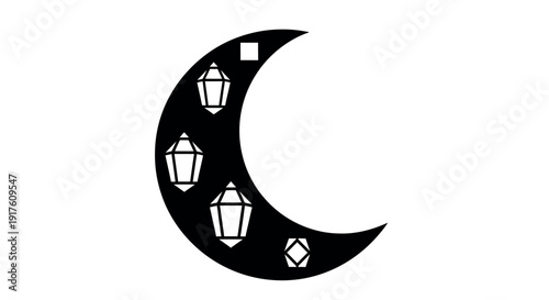 Crescent Moon with Lanterns Silhouette in Simple Black Design on White Background for Islamic Symbol