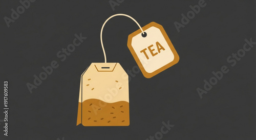 Brown tea bag with string and tag on dark background labeled tea for hot beverage concept
