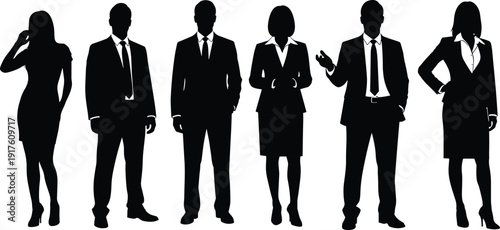 Professional business people silhouettes in formal suits and dresses standing in a row for corporate team leadership and successful career development marketing concept.