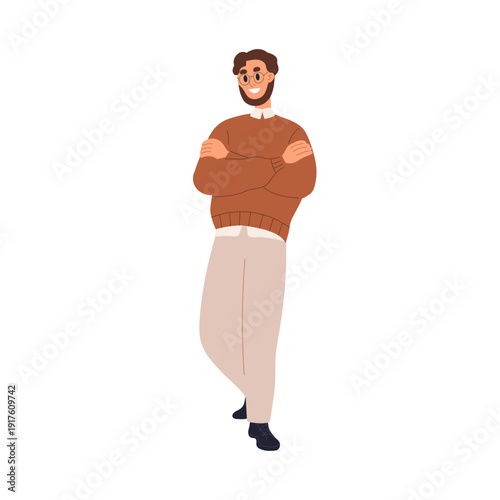 Man walking forward with arms crossed on chest, friendly confident smile. Hap...