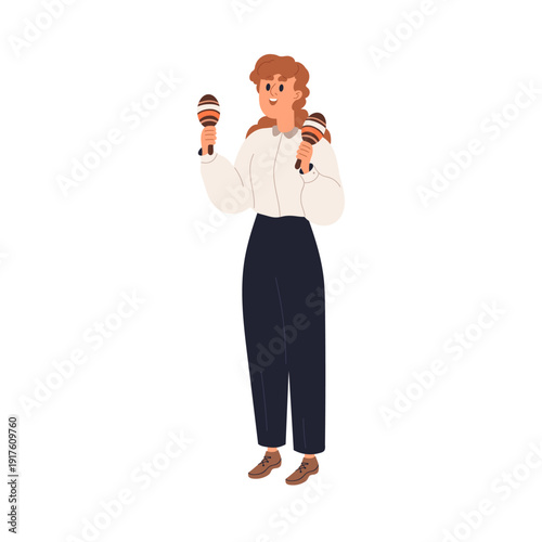 Maracas performance. Happy woman with Latin Mexican percussion instrument, performing playing music, shaking wooden rattles, rhythm shakers. Flat vector illustration isolated on white background