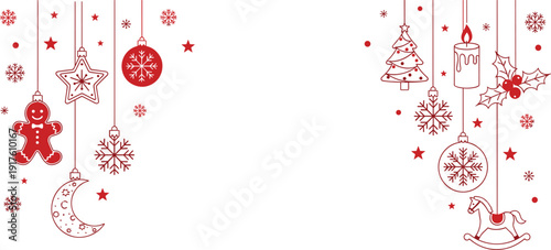 Red line Christmas hanging ornaments with snowflakes, gingerbread man, candle, tree and rocking horse, festive holiday decoration vector illustration isolated on white