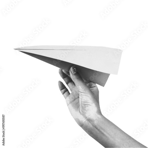 Hand holding paper airplane in black and white halftone style. Minimal conceptual illustration of startup, launch and innovation isolated on white.