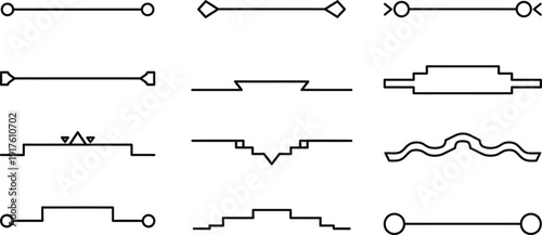 Collection of various electronic signal waveforms and connector symbols