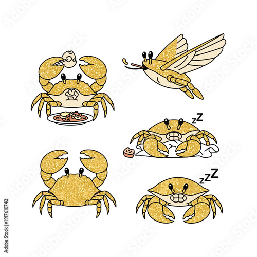 Cartoon crabs and bee sleeping and eating in a humorous illustration style