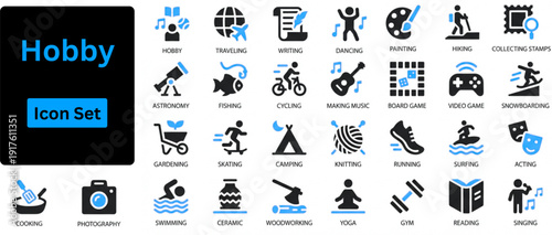 hobby solid icon set contains painting, photography, acting, travel, hiking, yoga, dancing, cooking, fishing, music, gaming and gardening. Solid icons set. 