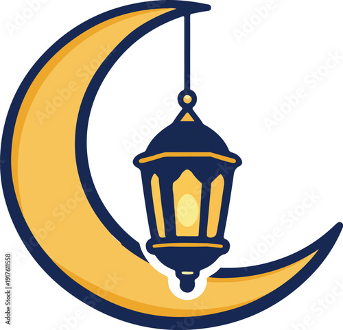 Crescent Moon with Hanging Islamic Lantern Ramadan Night Vector Illustration
