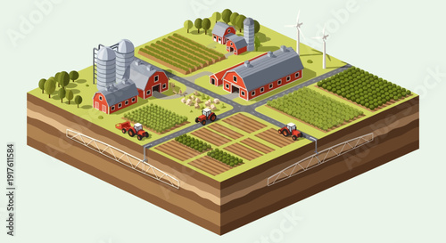 Isometric Farm Landscape with Fields Barns and Tractors.