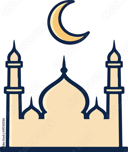 Islamic Mosque Silhouette with Crescent Moon Flat Minimal Vector Icon
