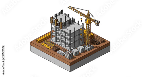 Isometric view of a building under construction with a crane and foundation work.
