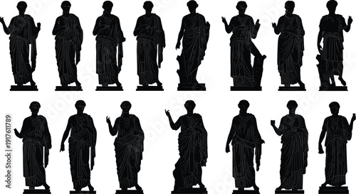 Ancient Roman Greek Statue Silhouette Set Vector Illustration of Classical Marble Sculptures Isolated on White Background